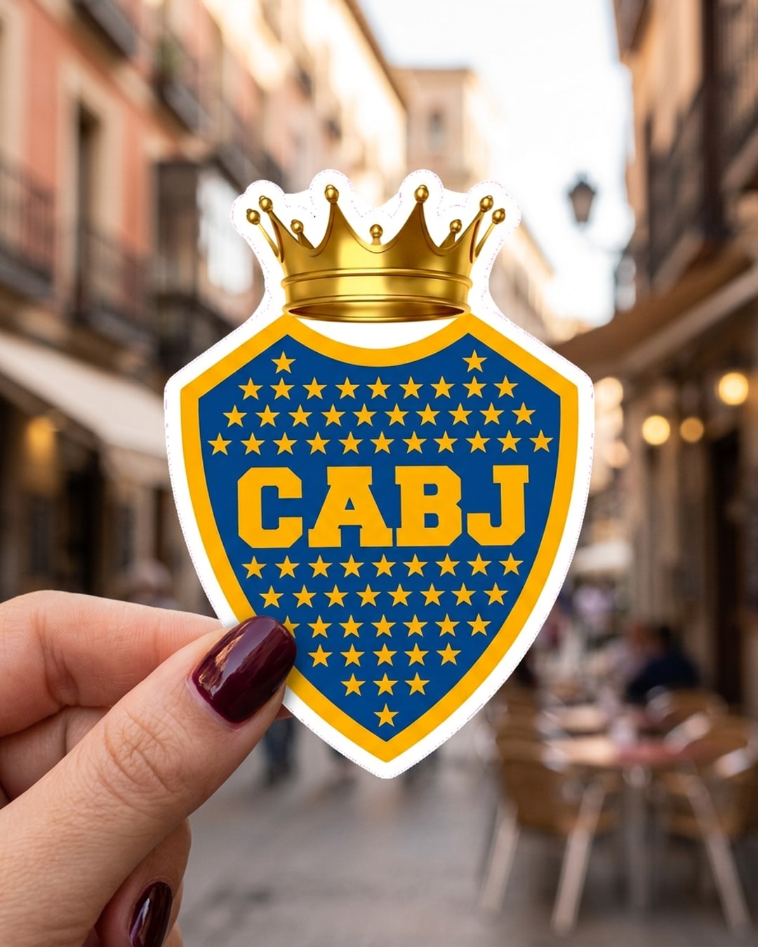 Pegatina Escudo de Boca Juniors CABJ con Corona sostenida en la mano, a tamaño real