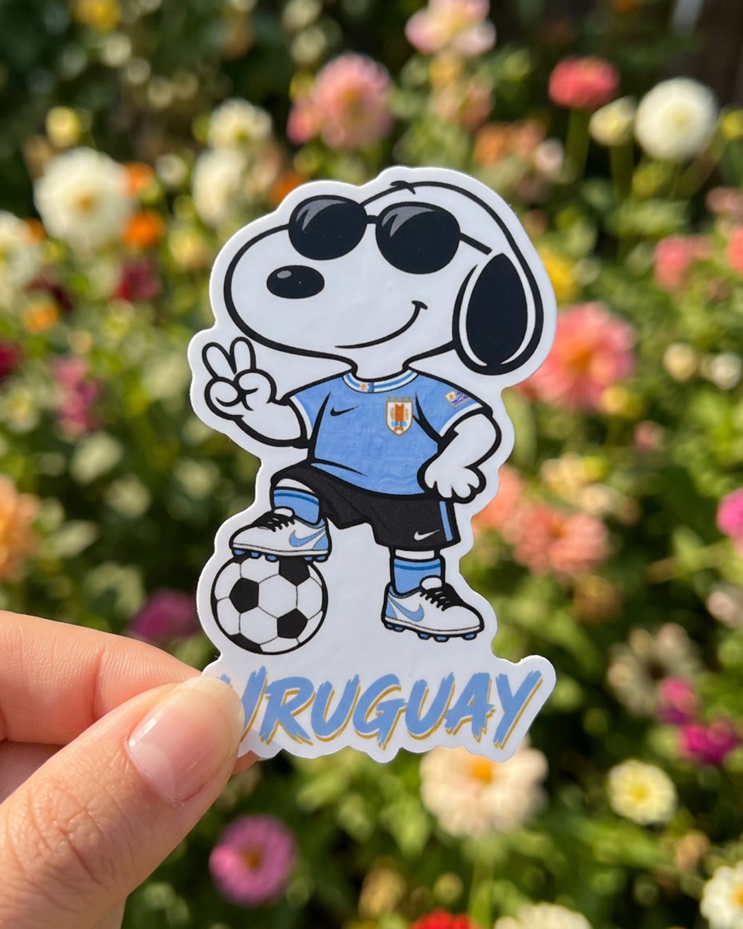 Pegatina Snoopy de Uruguay futbolista con gafas de sol sostenida en la mano, a tamaño real