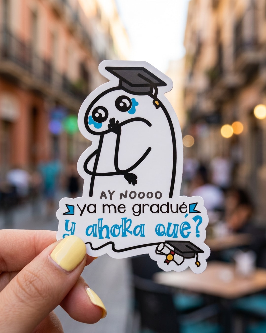 Pegatina Flork ya me gradué y ahora qué sostenida en la mano, a tamaño real