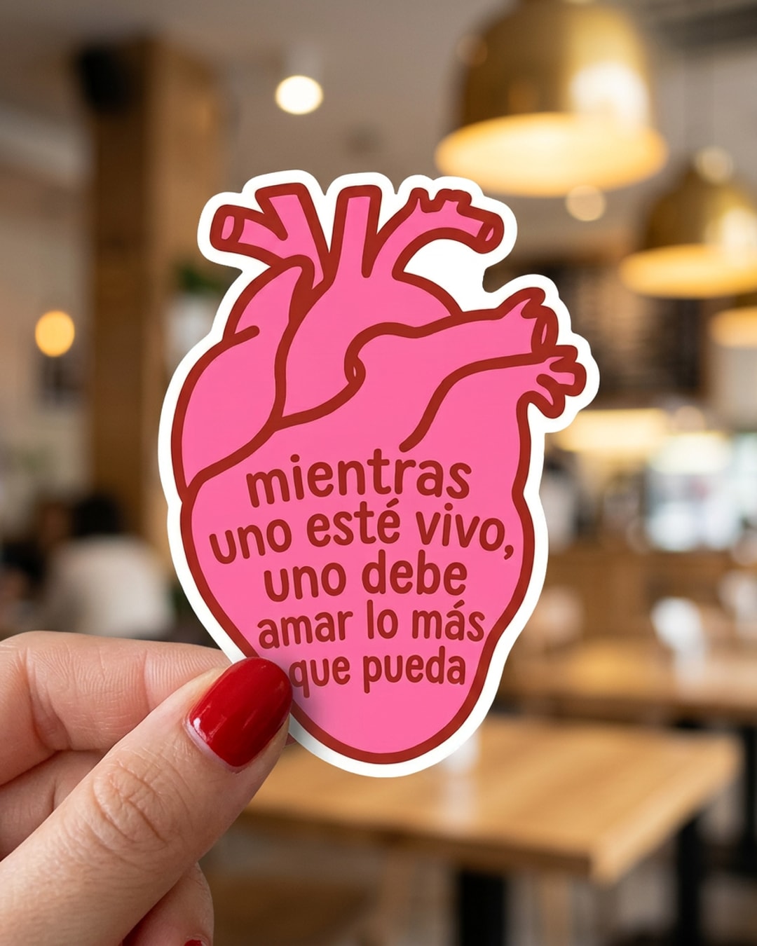 Pegatina Corazón Anatómico Mientras Uno Esté Vivo sostenida en la mano, a tamaño real