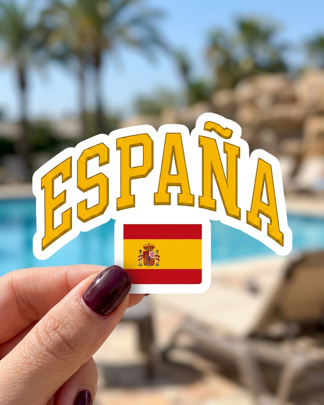 Pegatina España con letras amarillas y bandera sostenida en la mano, a tamaño real