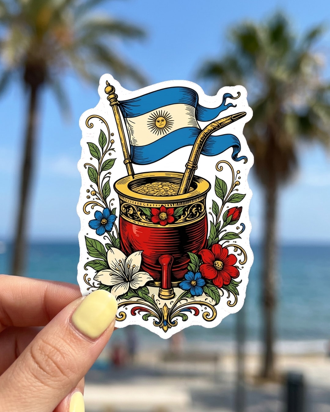 Pegatina Mate con Bandera de Argentina y Flores sostenida en la mano, a tamaño real