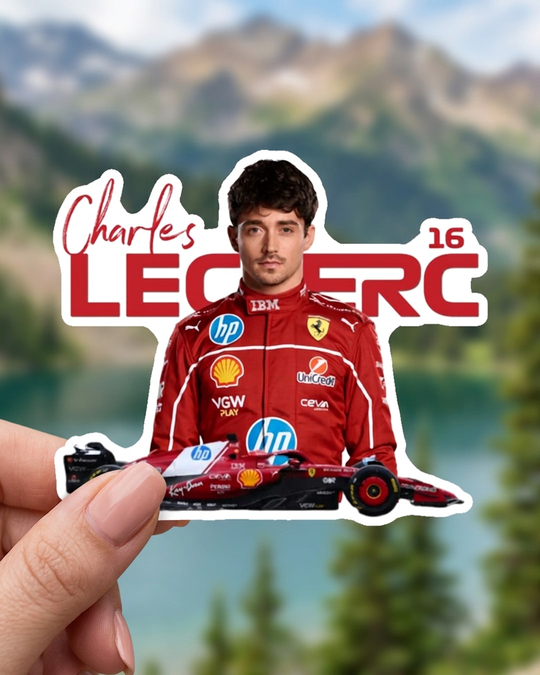Pegatina Charles Leclerc con su coche de F1 número 16 sostenida en la mano, a tamaño real
