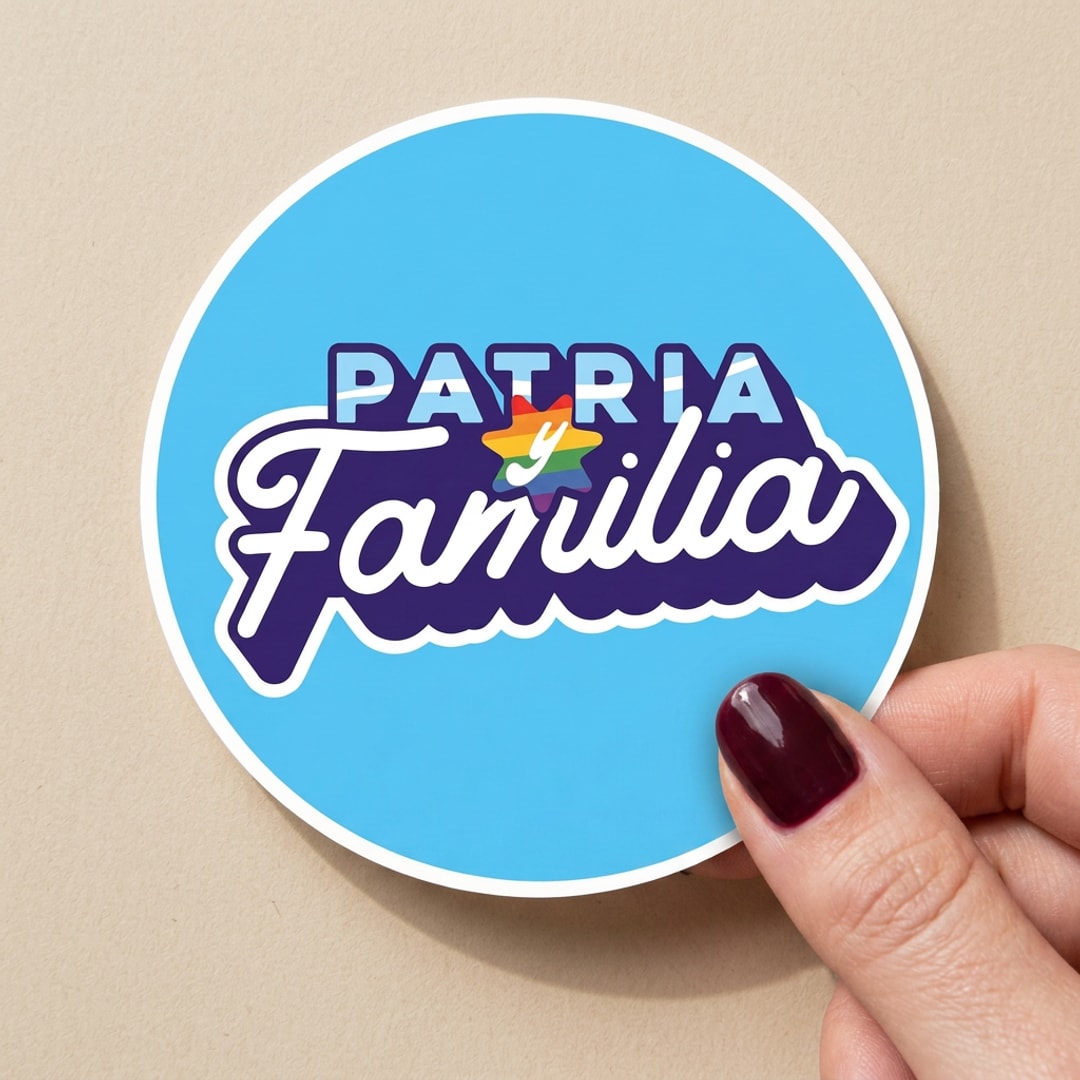 Pegatina Patria y Familia de Luzu TV sostenida en la mano, a tamaño real