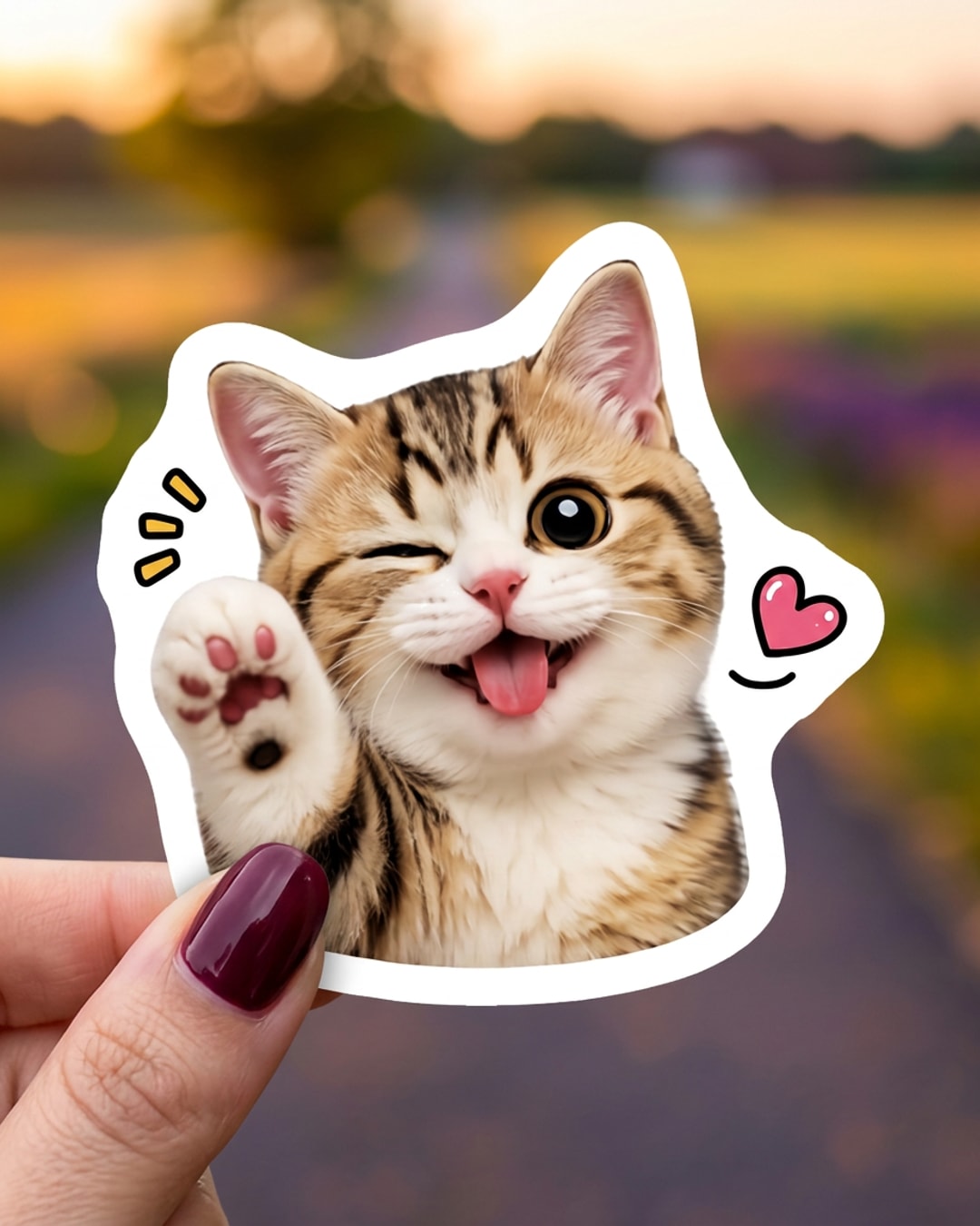 Pegatina Gatito tierno guiñando un ojo y saludando sostenida en la mano, a tamaño real