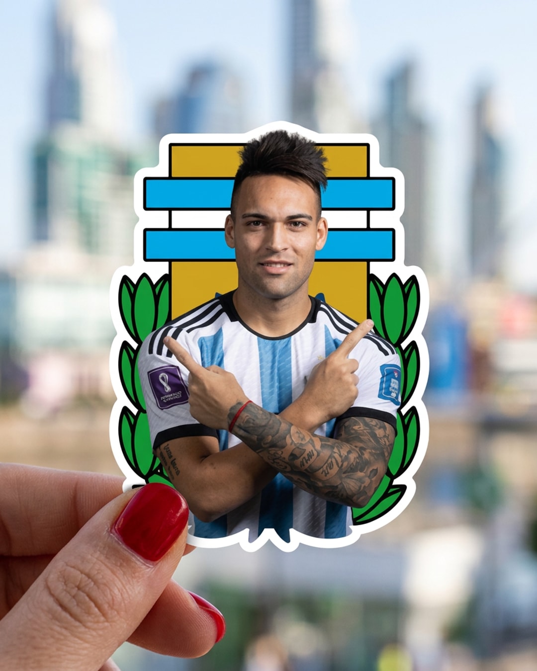 Pegatina Lautaro Martínez con camiseta argentina sostenida en la mano, a tamaño real