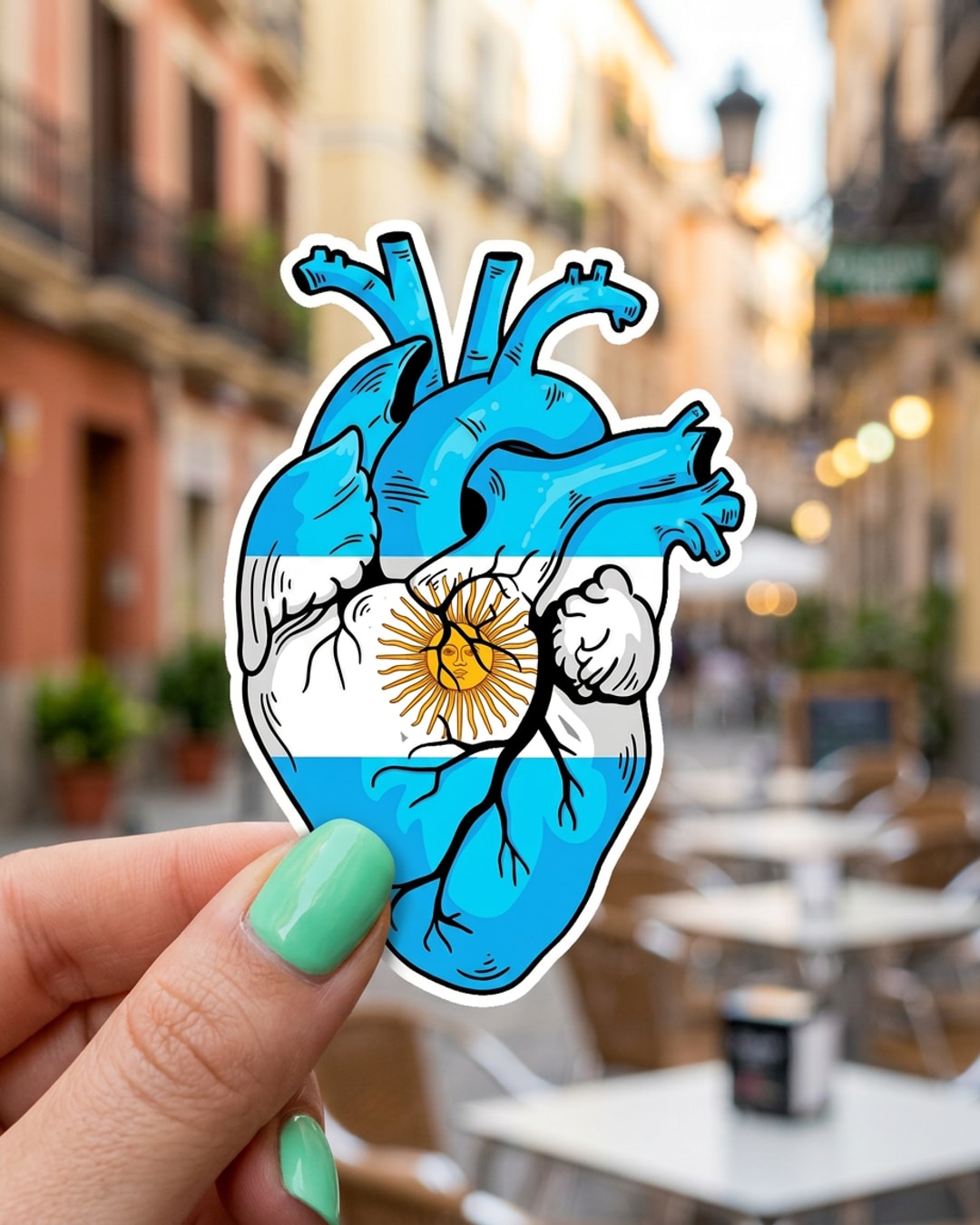Pegatina Corazón anatómico con bandera argentina sostenida en la mano, a tamaño real