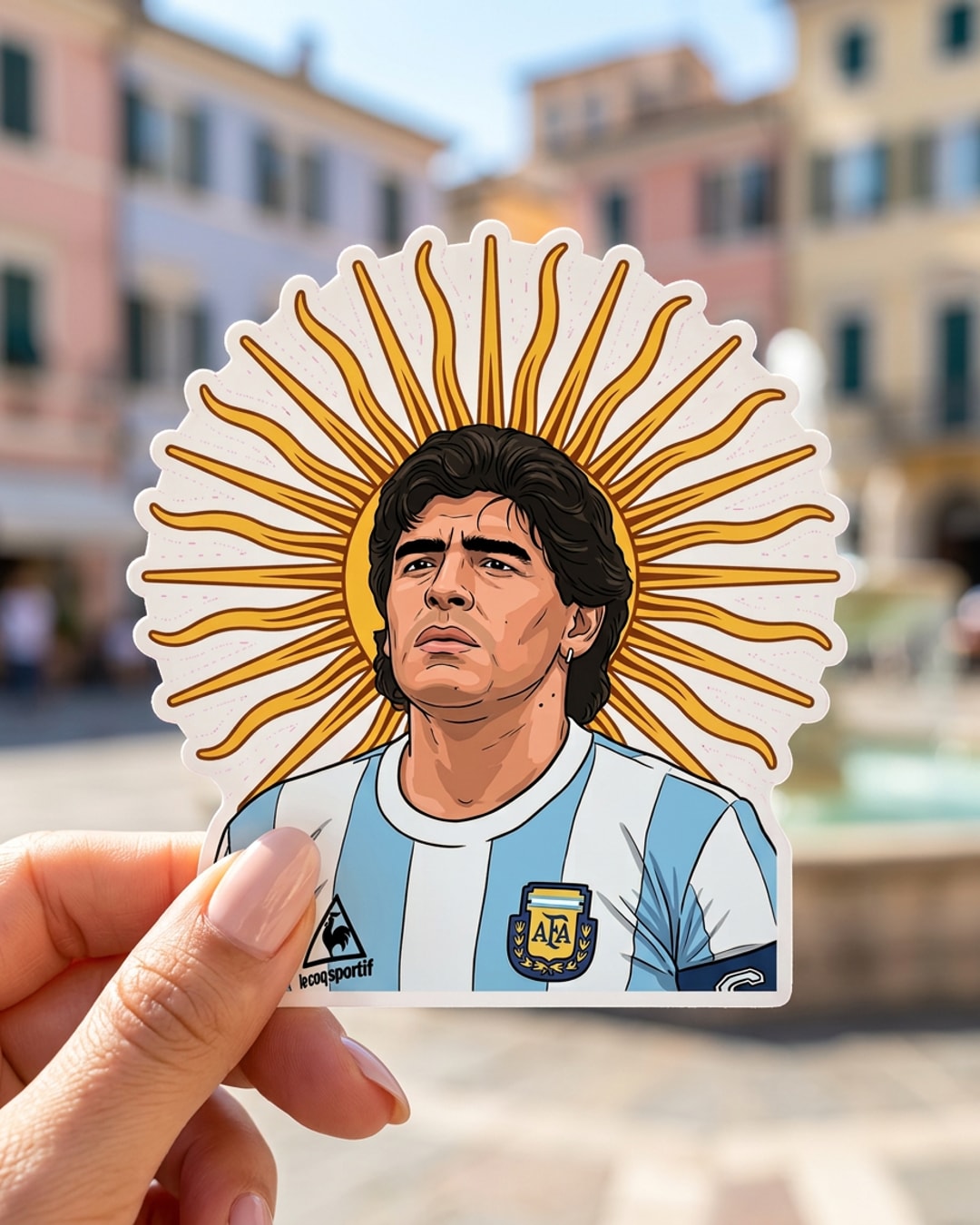 Pegatina Maradona con camiseta de Argentina y Sol de Mayo sostenida en la mano, a tamaño real