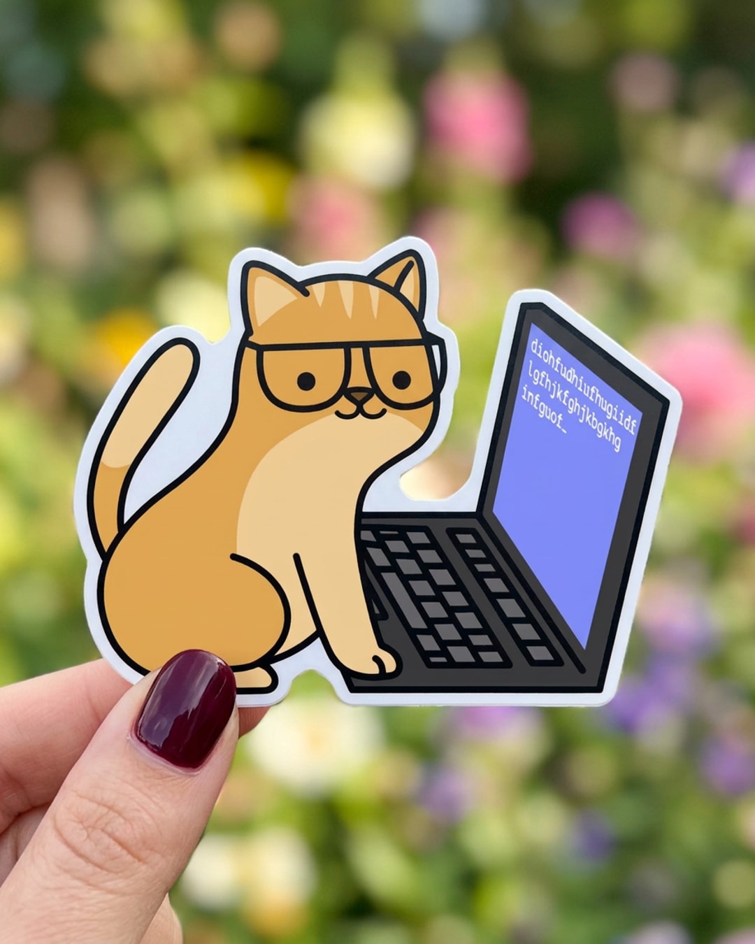 Pegatina Gato programador con gafas y portátil sostenida en la mano, a tamaño real