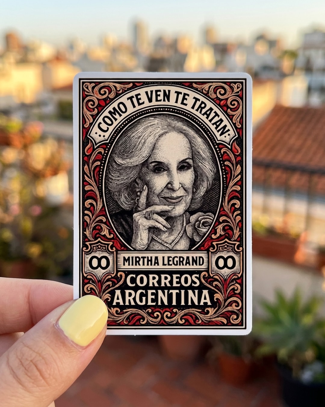 Pegatina Mirtha Legrand Como te ven te tratan sostenida en la mano, a tamaño real