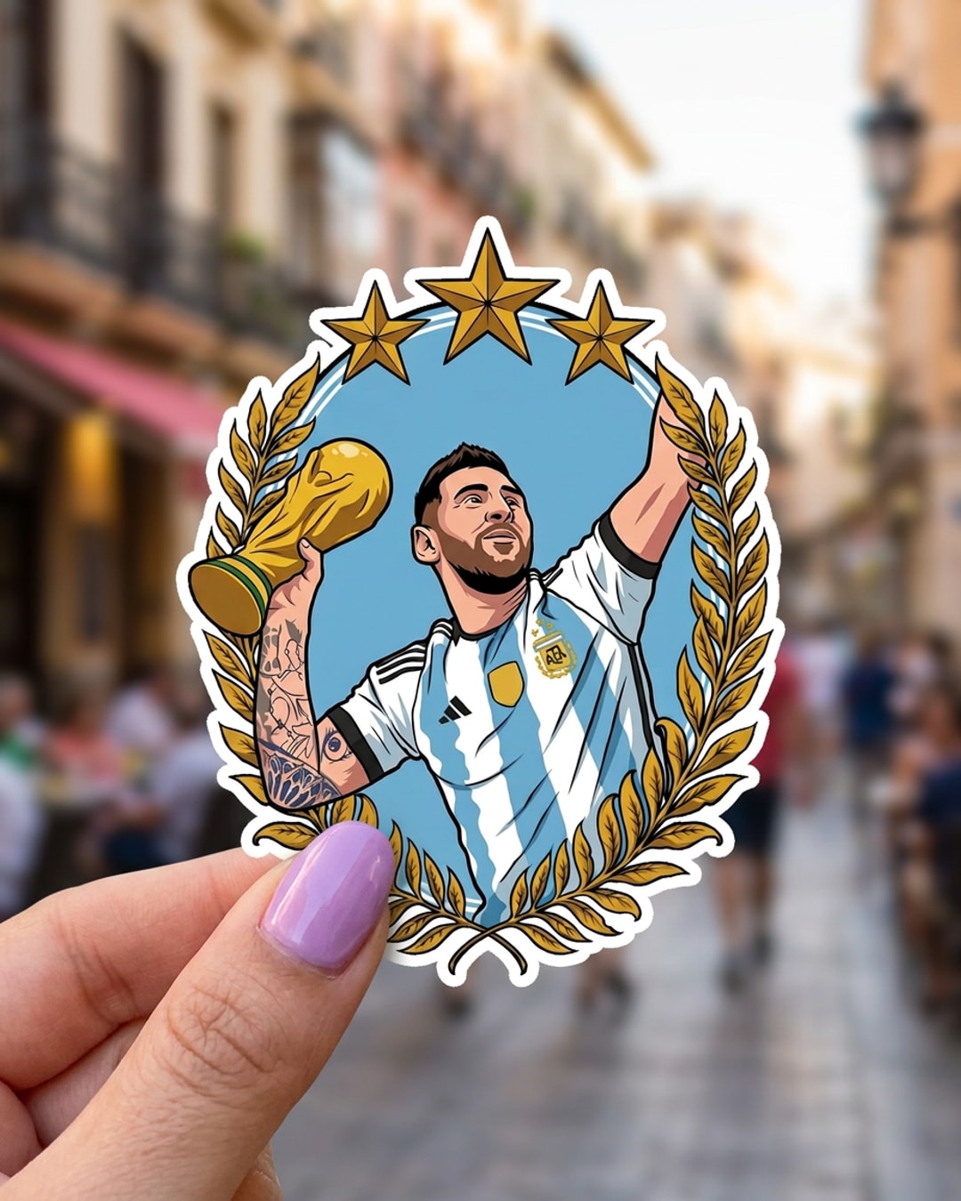 Pegatina Messi levantando la Copa del Mundo sostenida en la mano, a tamaño real