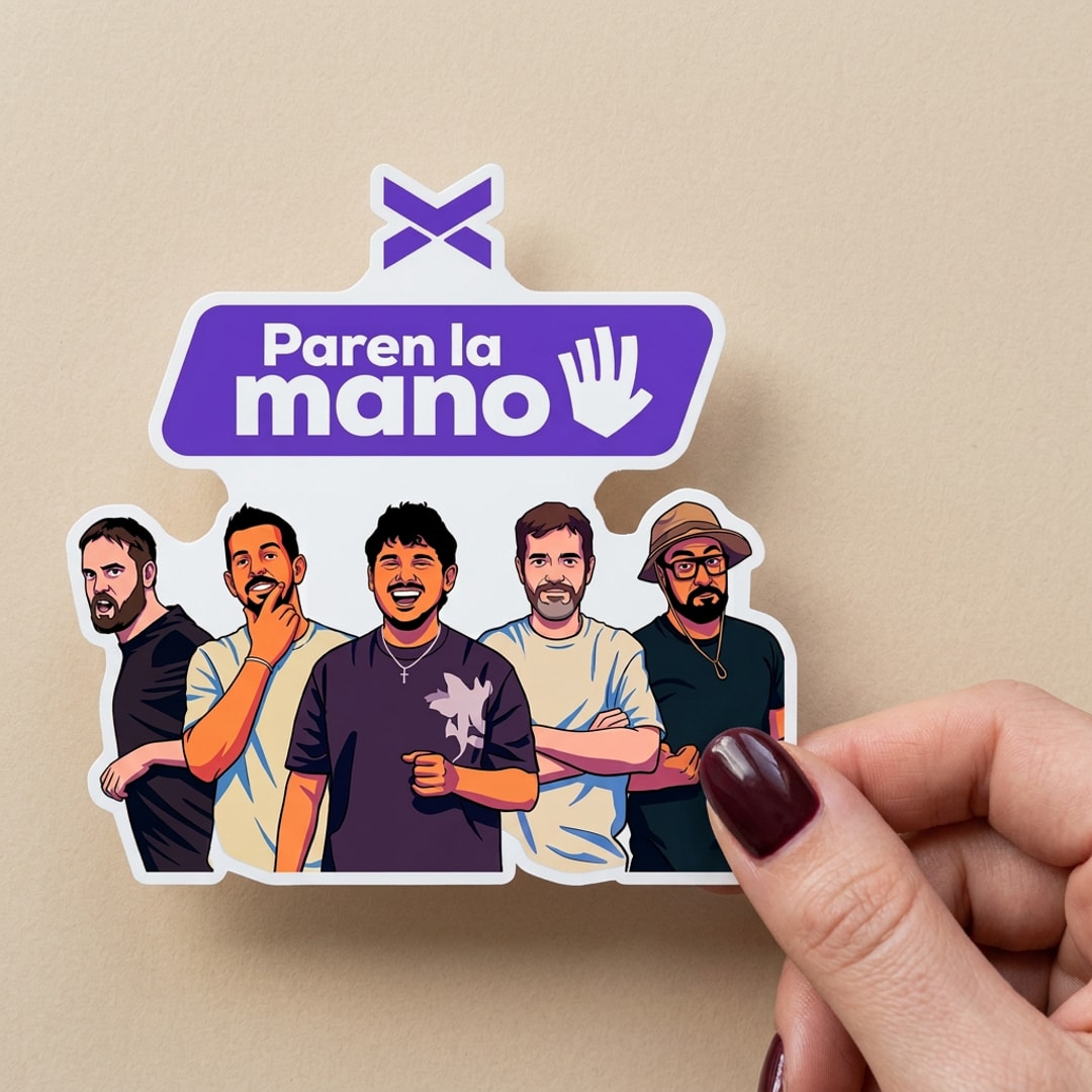 Pegatina Paren la mano con caricaturas del equipo sostenida en la mano, a tamaño real