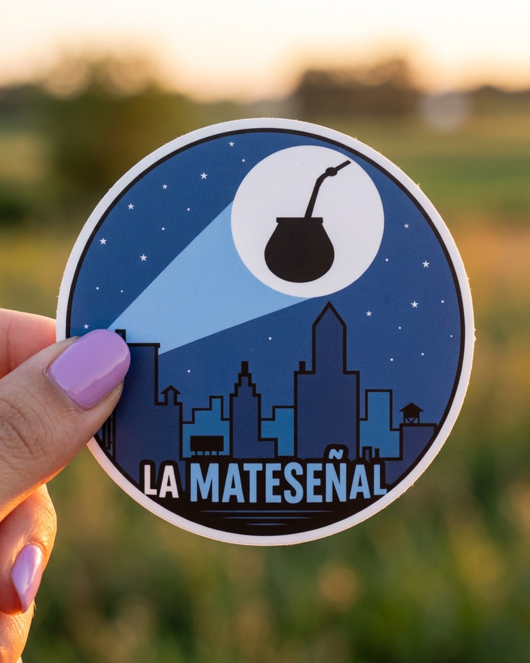 Pegatina La Mateseñal con silueta de mate en el cielo sostenida en la mano, a tamaño real