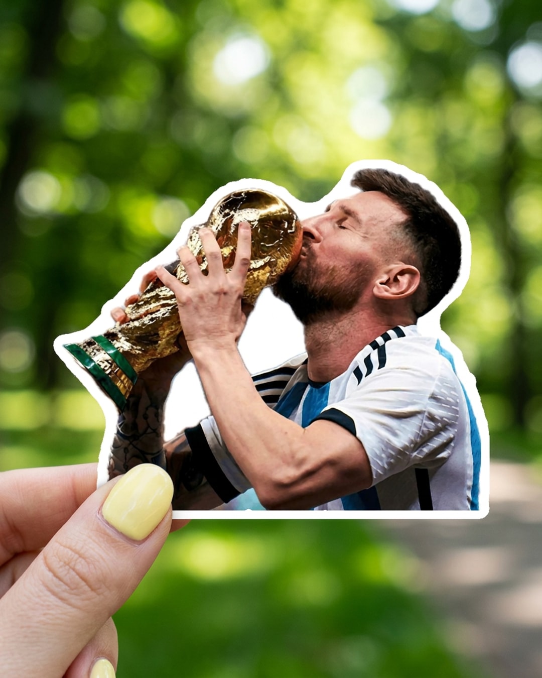 Pegatina Messi besando la Copa del Mundo sostenida en la mano, a tamaño real