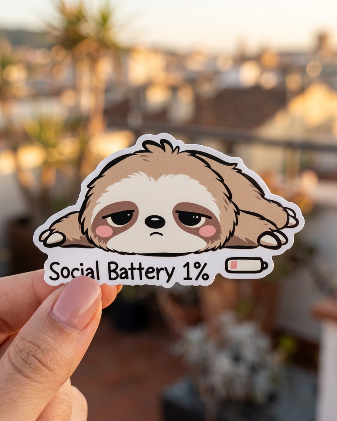 Pegatina Perezoso Cansado Social Battery 1% sostenida en la mano, a tamaño real