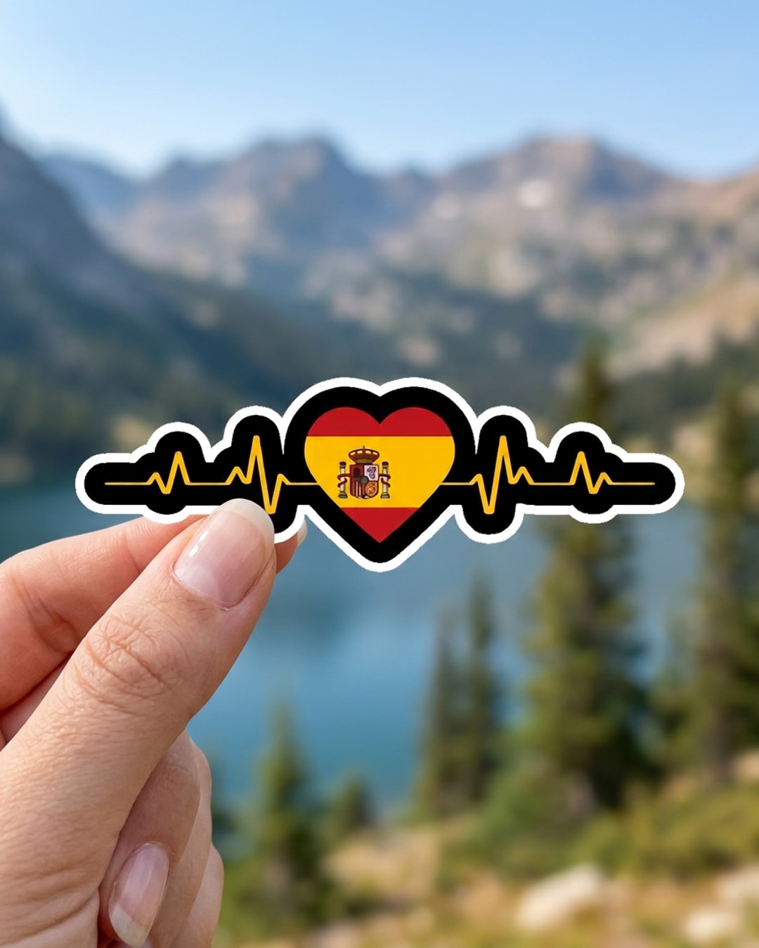 Pegatina Latido de Corazón con Bandera de España sostenida en la mano, a tamaño real