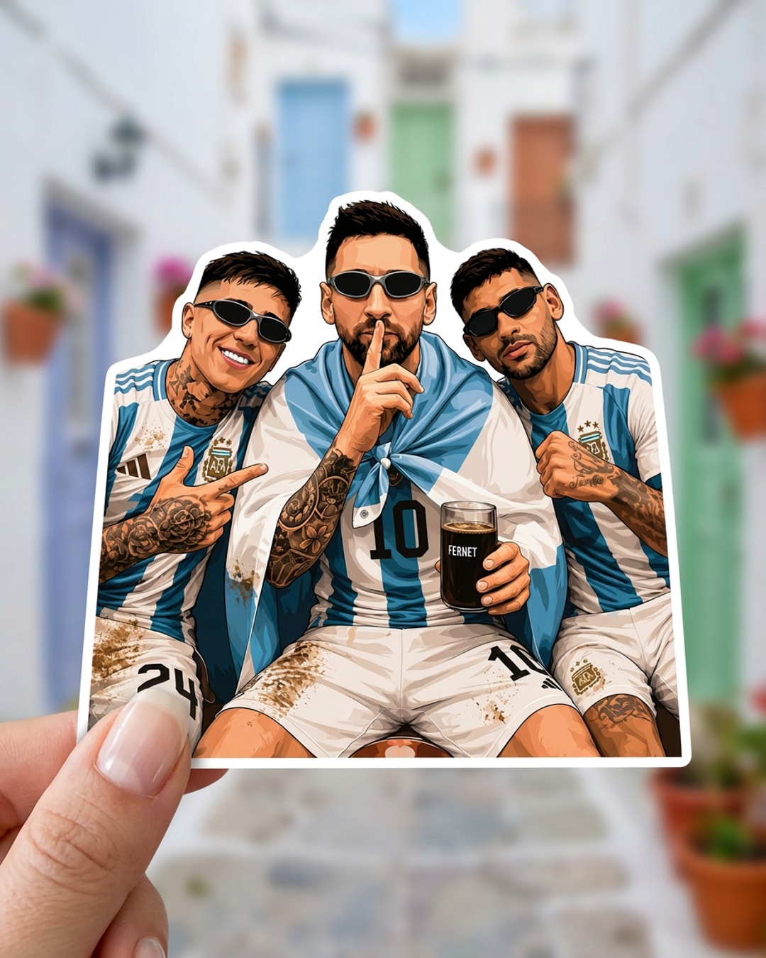 Pegatina Messi y jugadores de Argentina con Fernet sostenida en la mano, a tamaño real