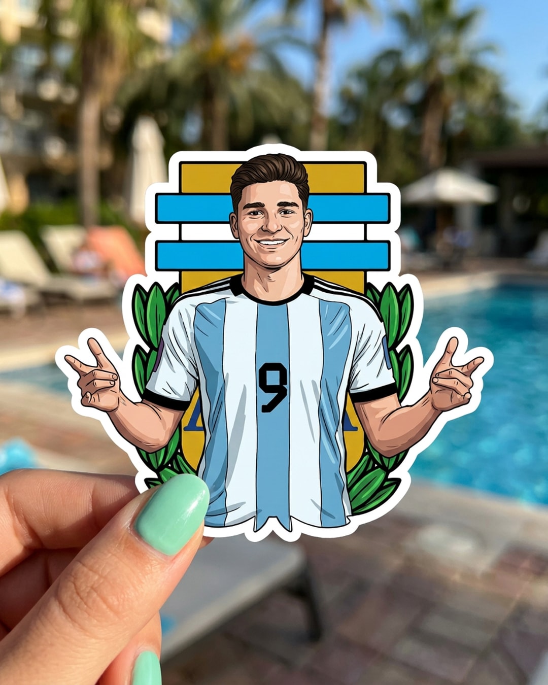 Pegatina Julián Álvarez celebrando con Argentina sostenida en la mano, a tamaño real