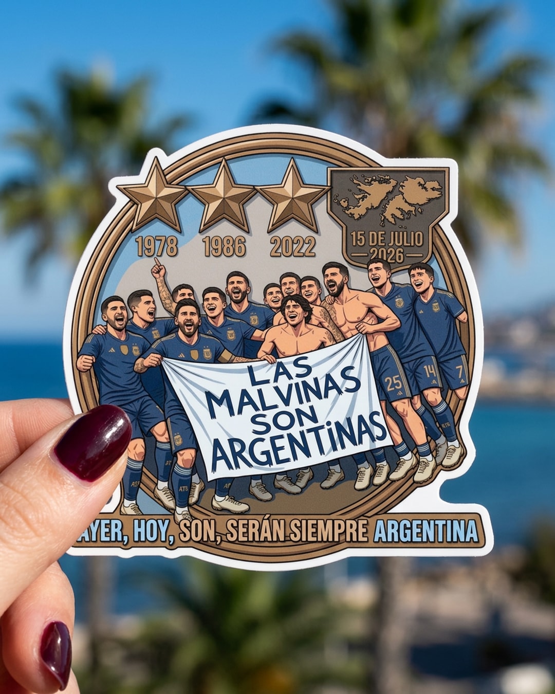 Pegatina Selección Argentina Las Malvinas Son Argentinas sostenida en la mano, a tamaño real