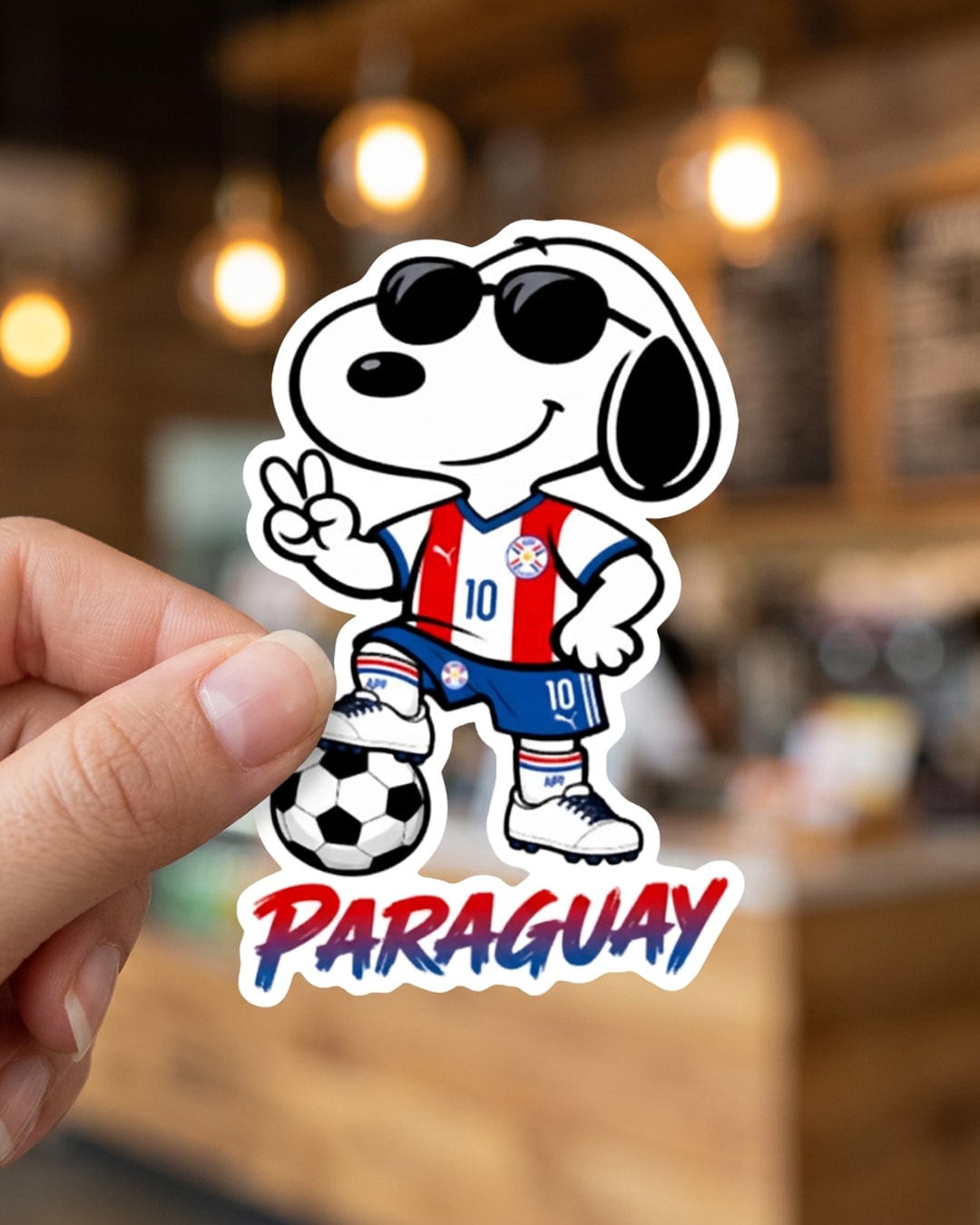 Pegatina Snoopy futbolista con camiseta de Paraguay sostenida en la mano, a tamaño real