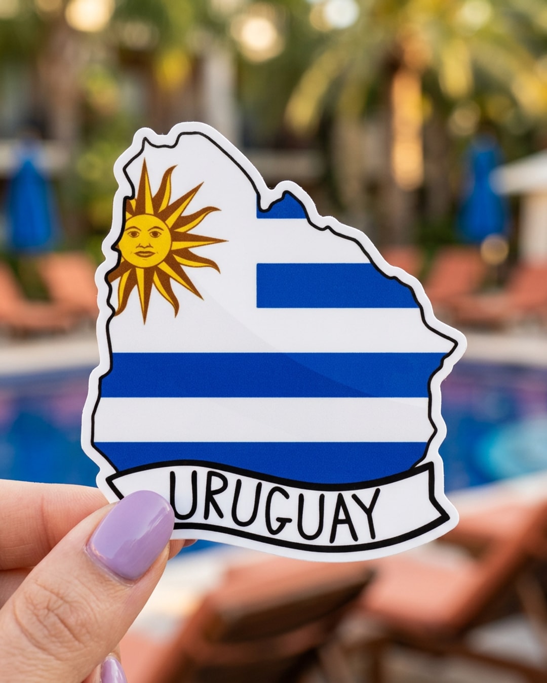 Pegatina Mapa de Uruguay con Bandera sostenida en la mano, a tamaño real