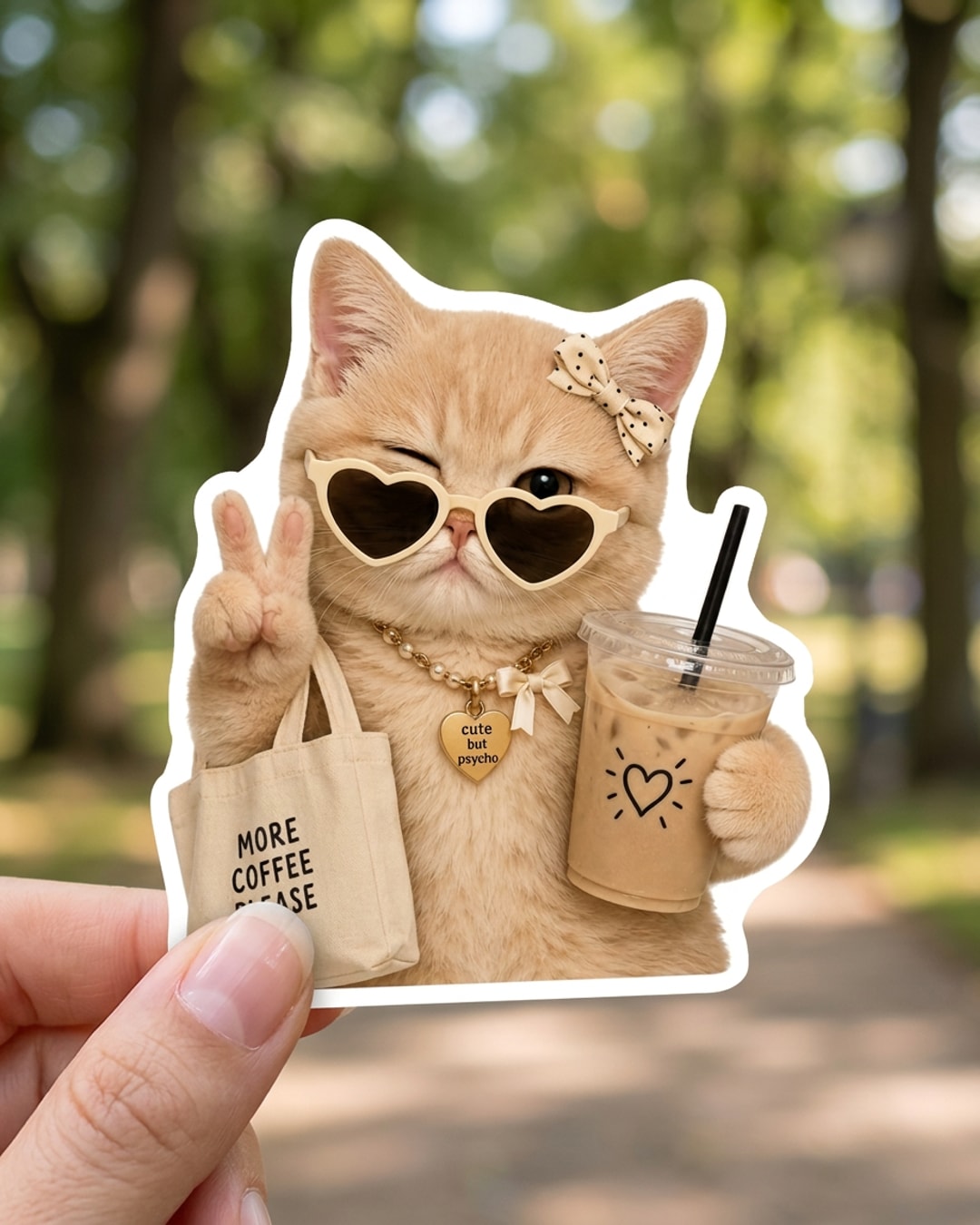 Pegatina Gatito con Gafas de Corazón y Café sostenida en la mano, a tamaño real