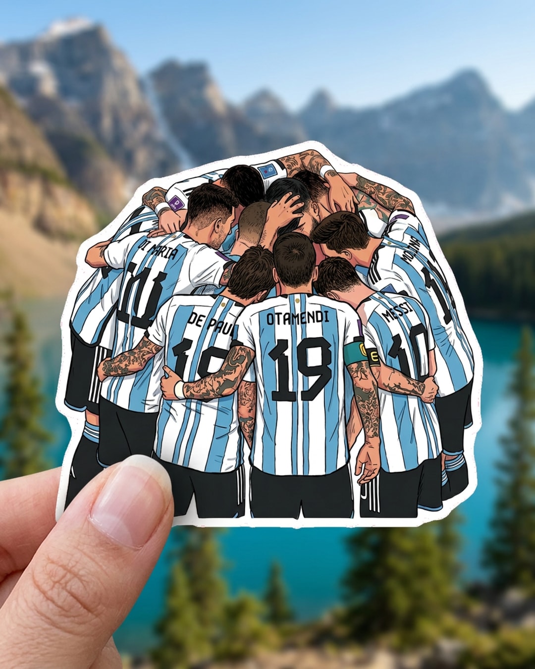 Pegatina Selección Argentina Abrazo de Equipo sostenida en la mano, a tamaño real