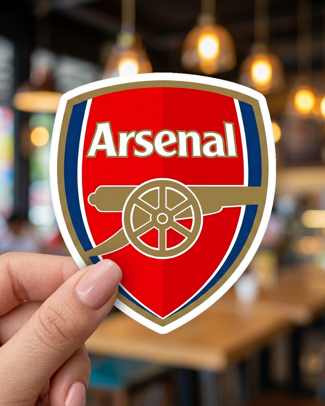 Pegatina Escudo del Arsenal Football Club sostenida en la mano, a tamaño real