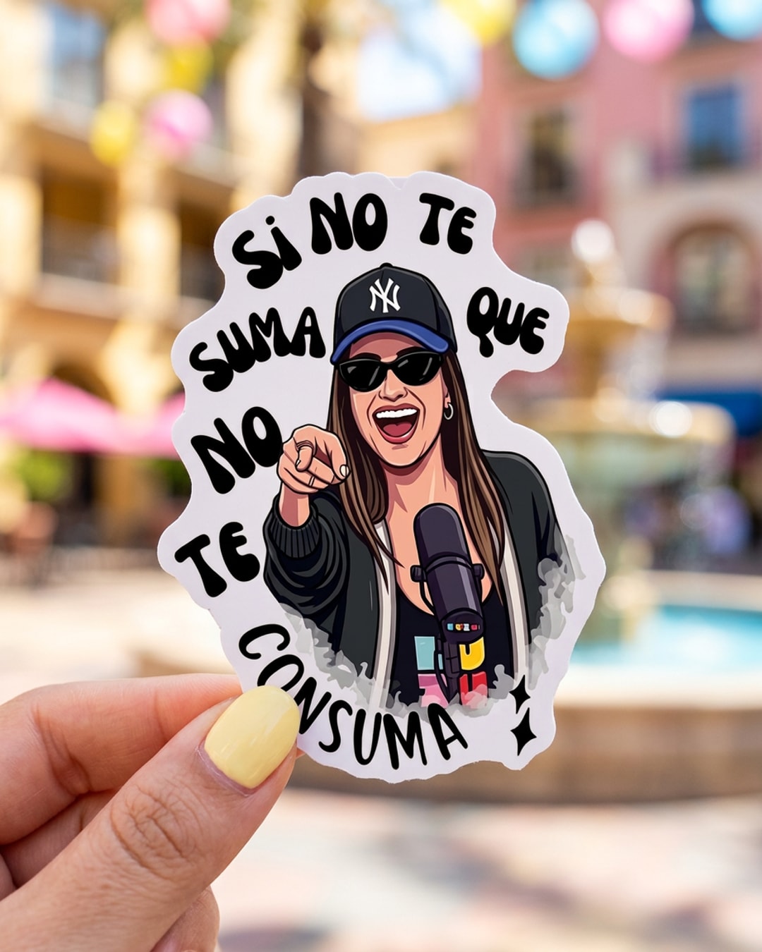 Pegatina Si no te suma que no te consuma sostenida en la mano, a tamaño real