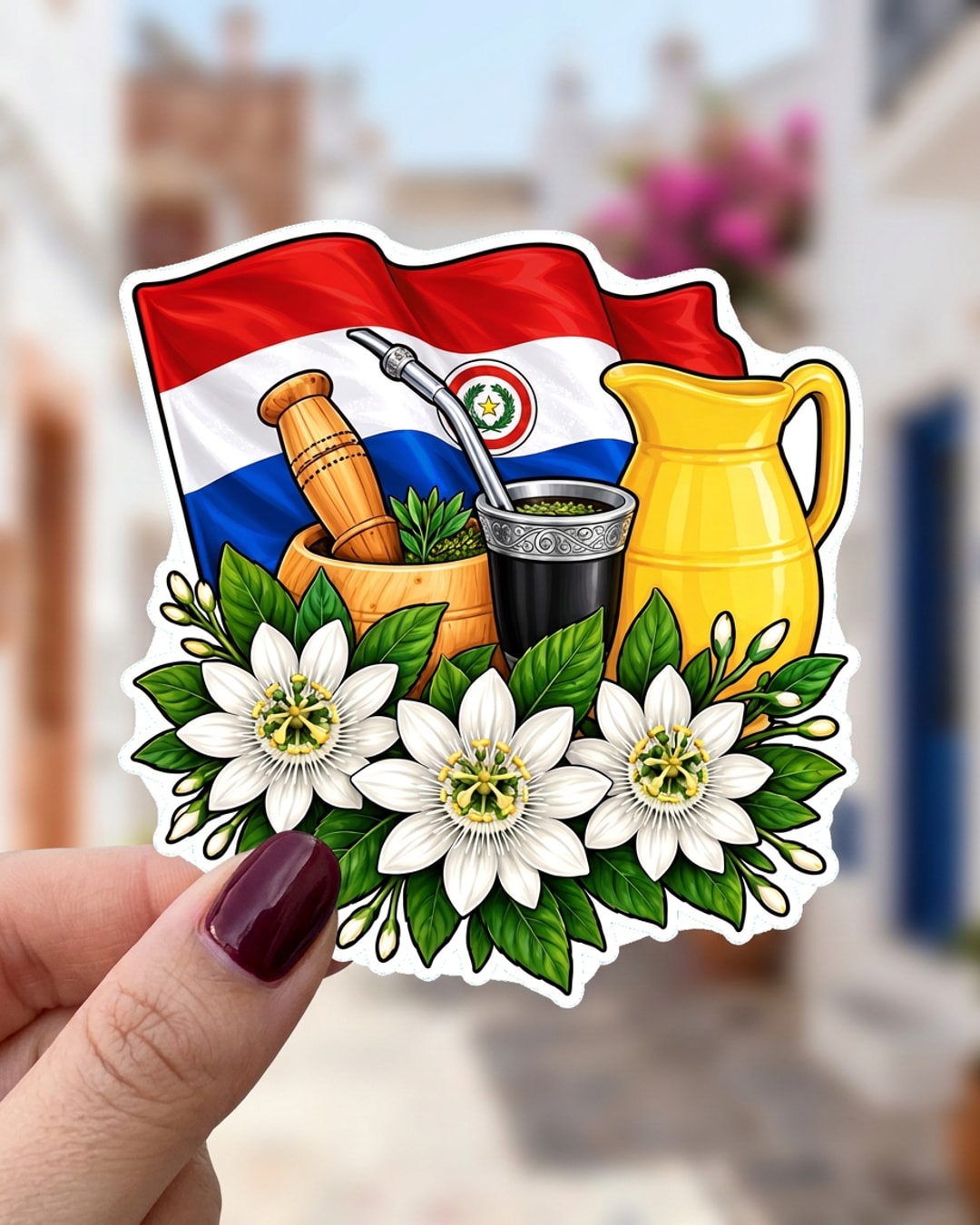 Pegatina Bandera de Paraguay con Tereré y Flores sostenida en la mano, a tamaño real