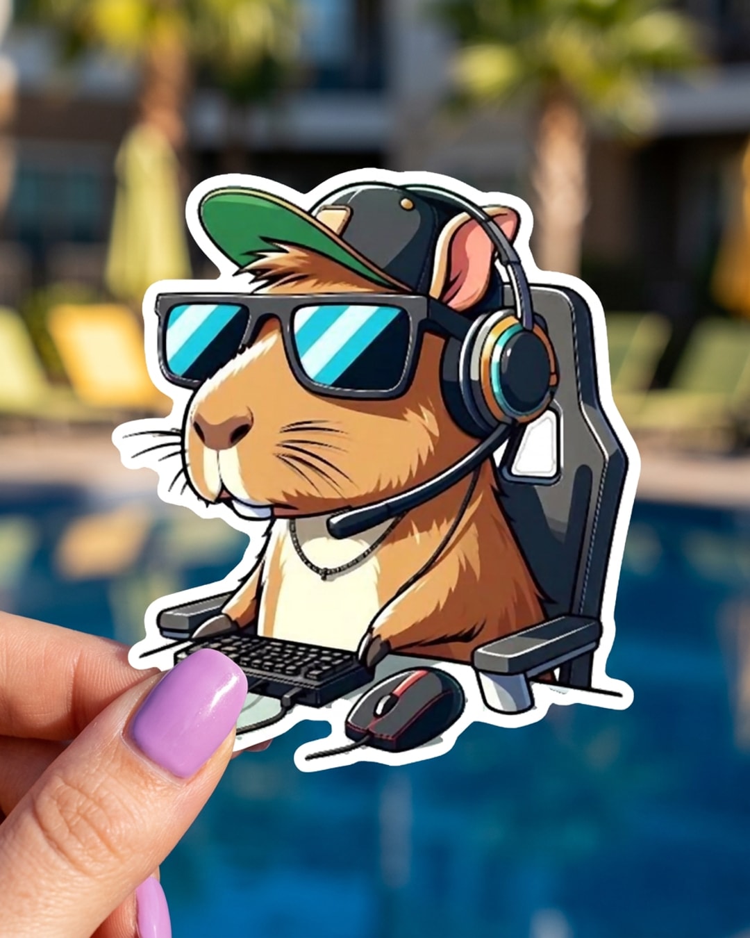 Pegatina Carpincho gamer con auriculares sostenida en la mano, a tamaño real