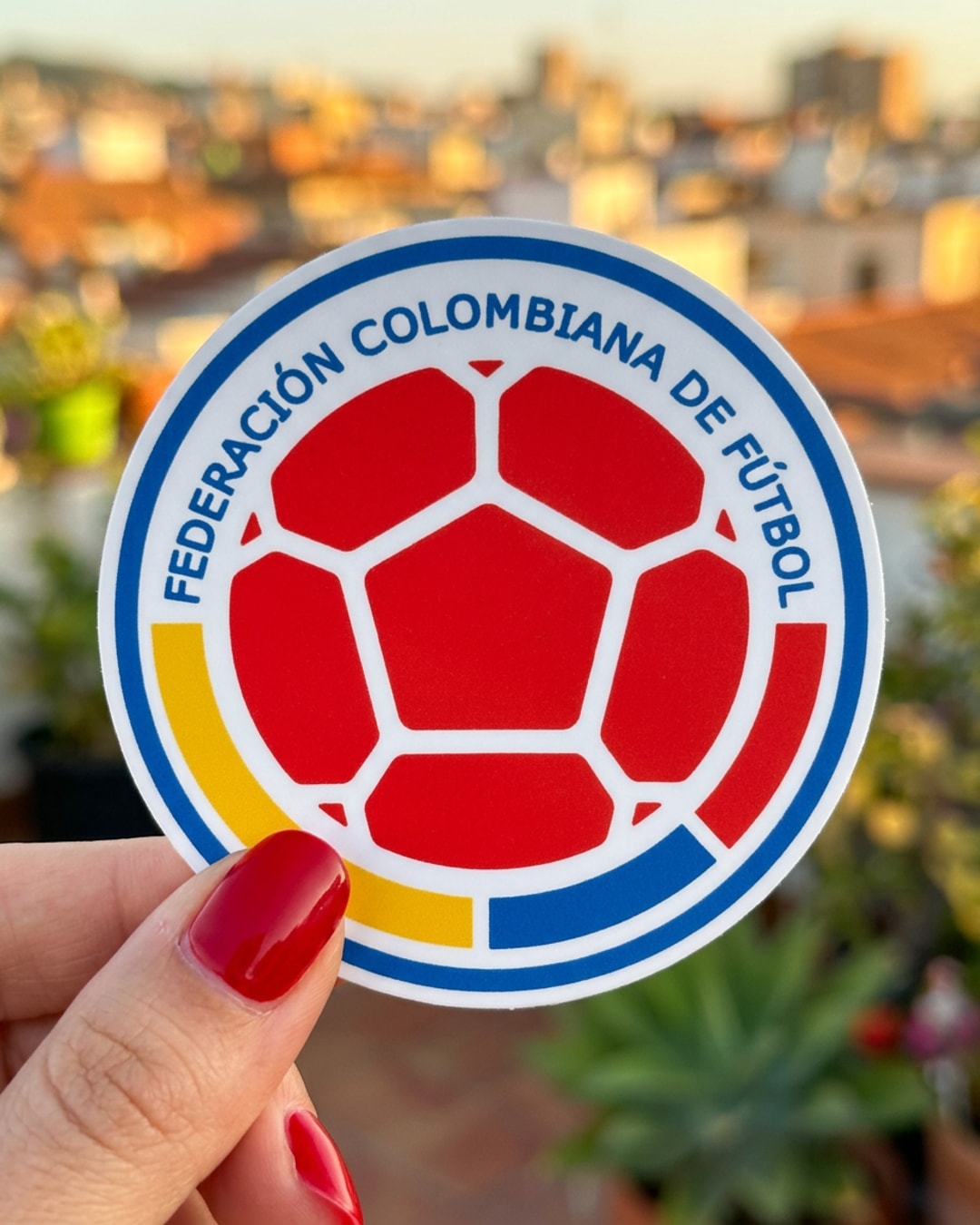 Pegatina Escudo Federación Colombiana de Fútbol sostenida en la mano, a tamaño real