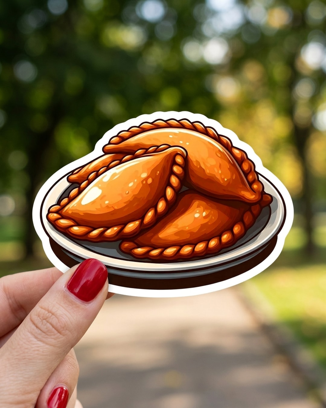 Pegatina Plato de Empanadas Argentinas sostenida en la mano, a tamaño real