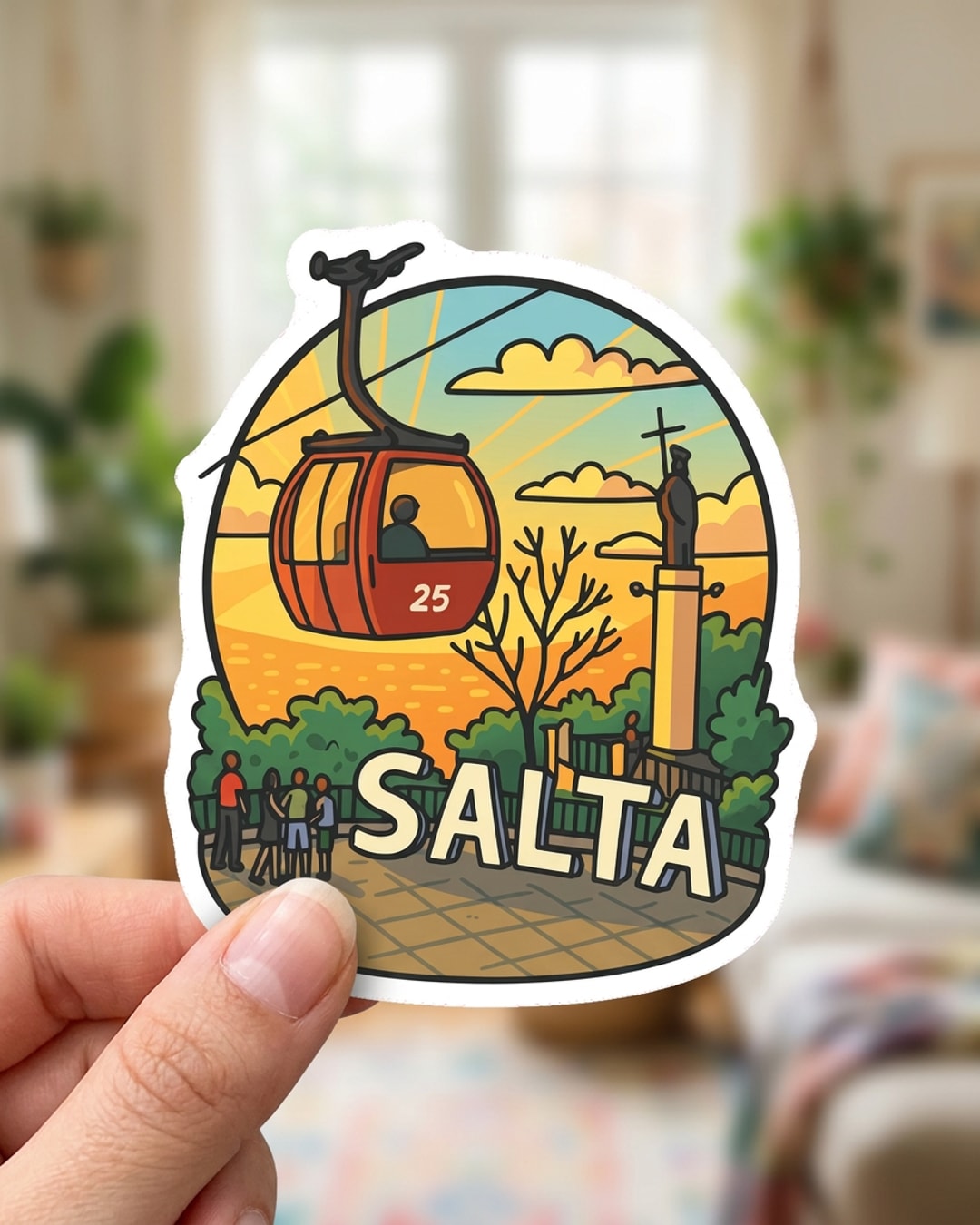 Pegatina Teleférico de Salta sostenida en la mano, a tamaño real