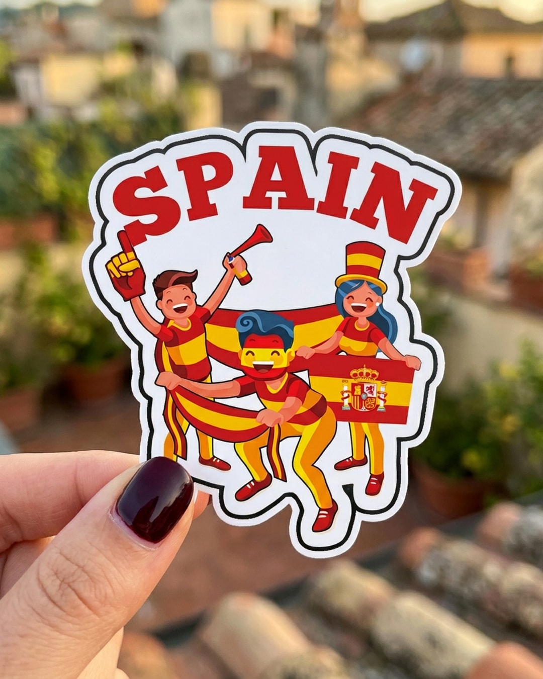 Pegatina Aficionados de España con Texto Spain sostenida en la mano, a tamaño real