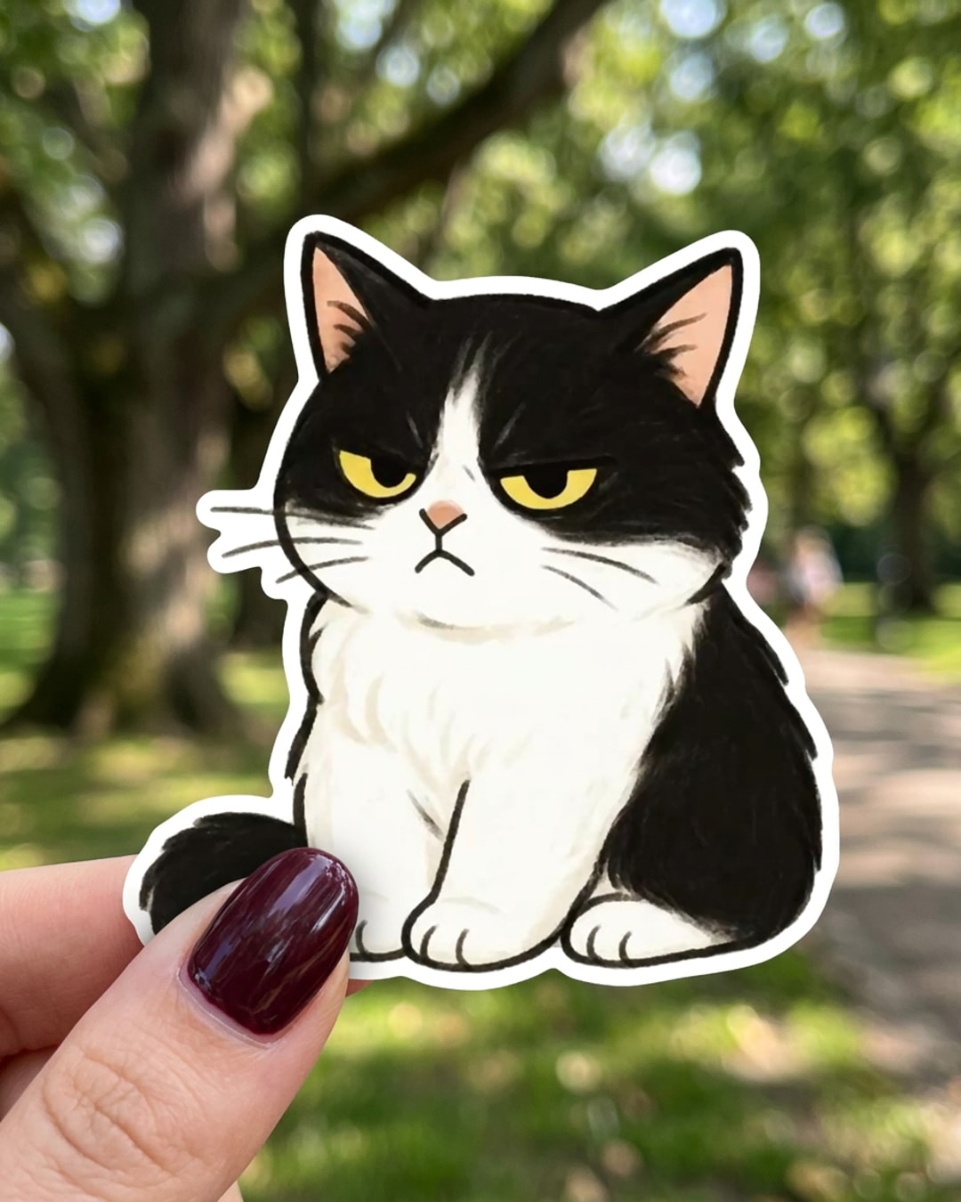 Pegatina Gato gruñón blanco y negro sostenida en la mano, a tamaño real