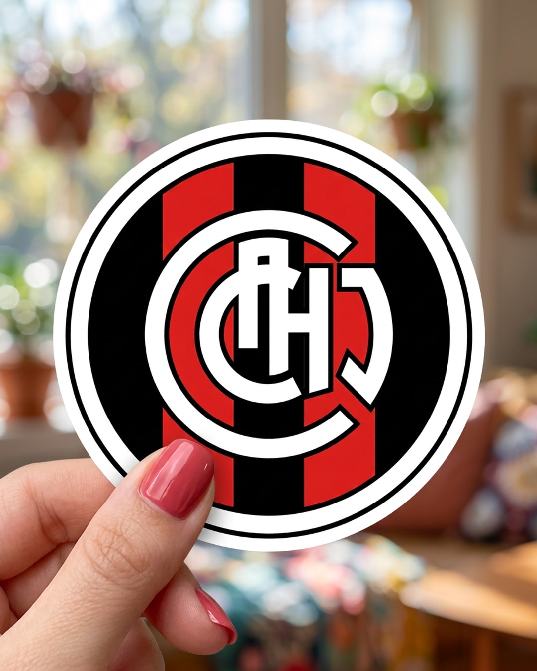 Pegatina Escudo de Chacarita Juniors sostenida en la mano, a tamaño real
