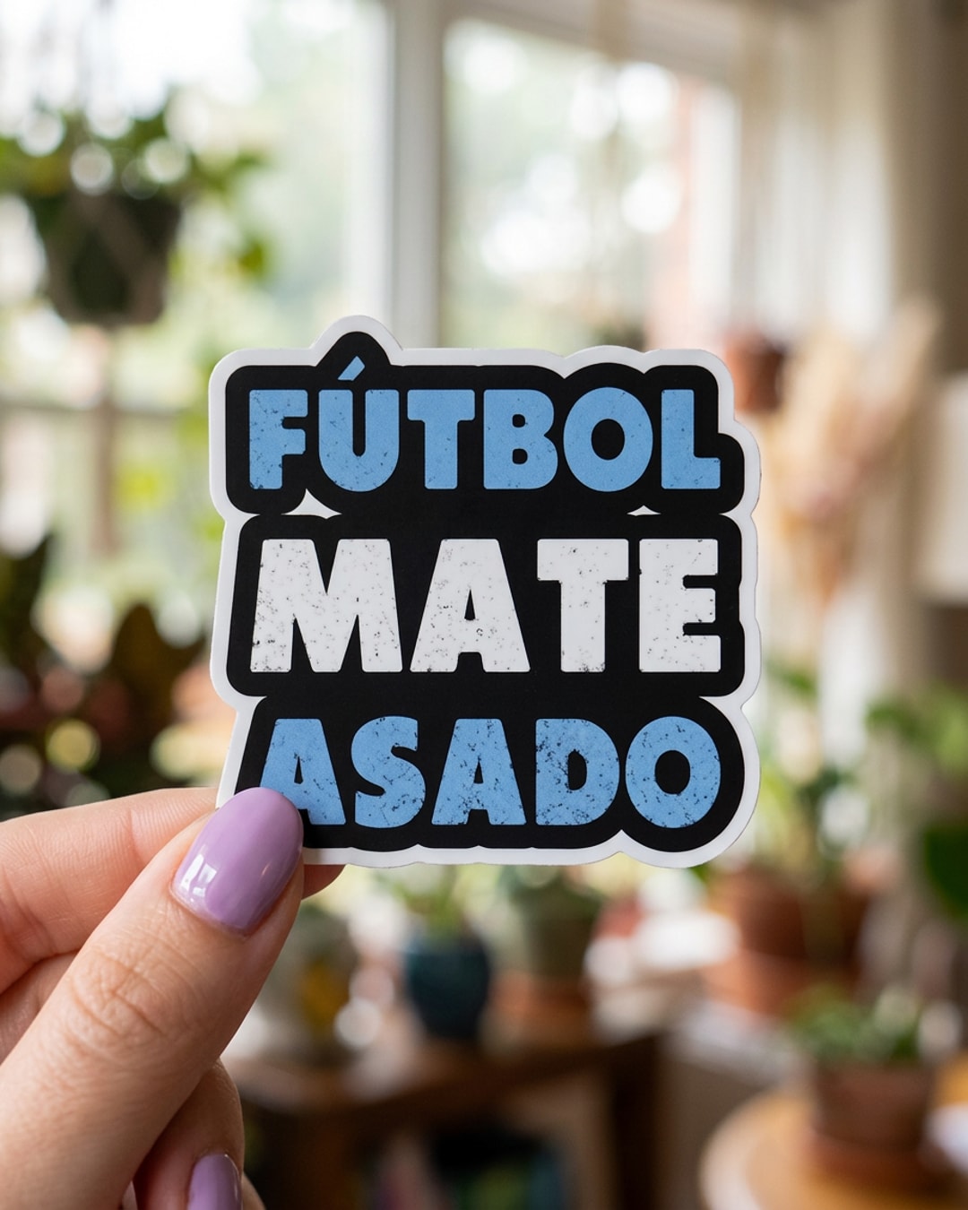 Pegatina Fútbol Mate Asado de Argentina sostenida en la mano, a tamaño real
