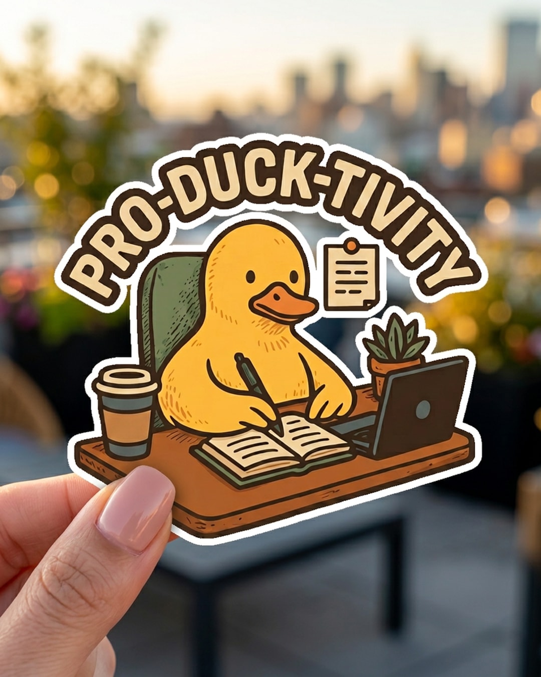 Pegatina Pato Trabajando Pro-duck-tivity sostenida en la mano, a tamaño real