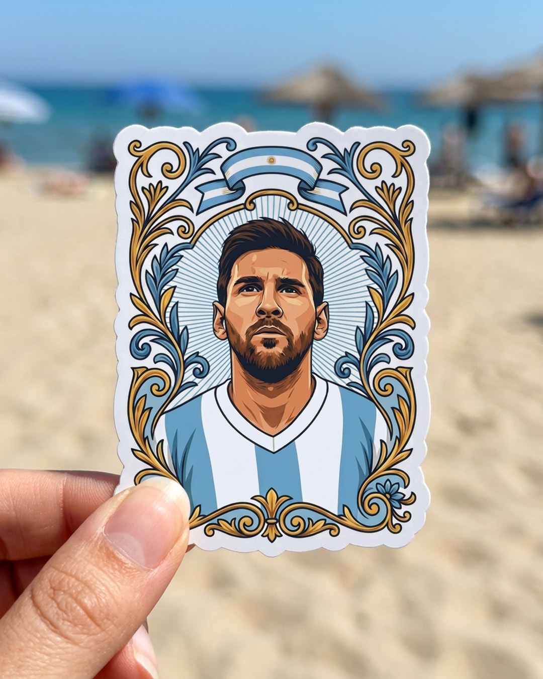 Pegatina Messi con marco estilo fileteado porteño sostenida en la mano, a tamaño real