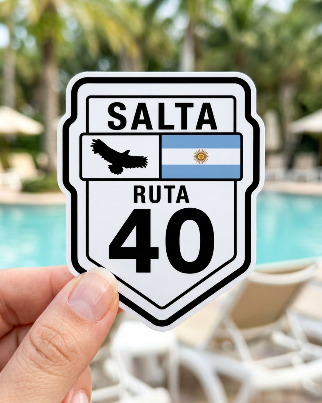 Pegatina Ruta 40 Salta Argentina con bandera y cóndor sostenida en la mano, a tamaño real