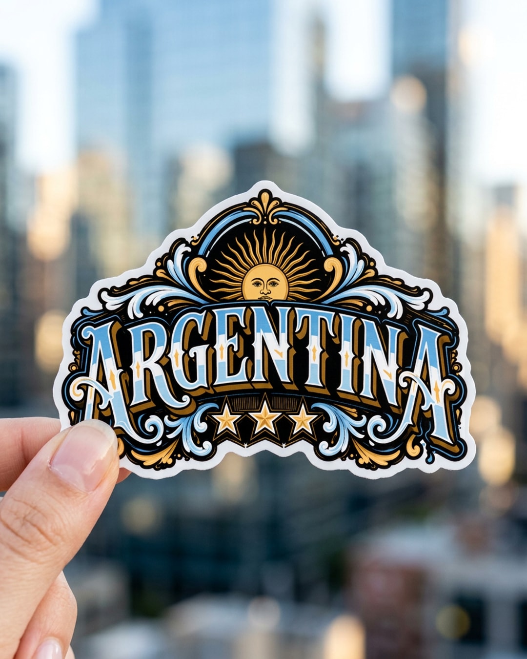 Pegatina Argentina con Sol de Mayo y Tres Estrellas sostenida en la mano, a tamaño real