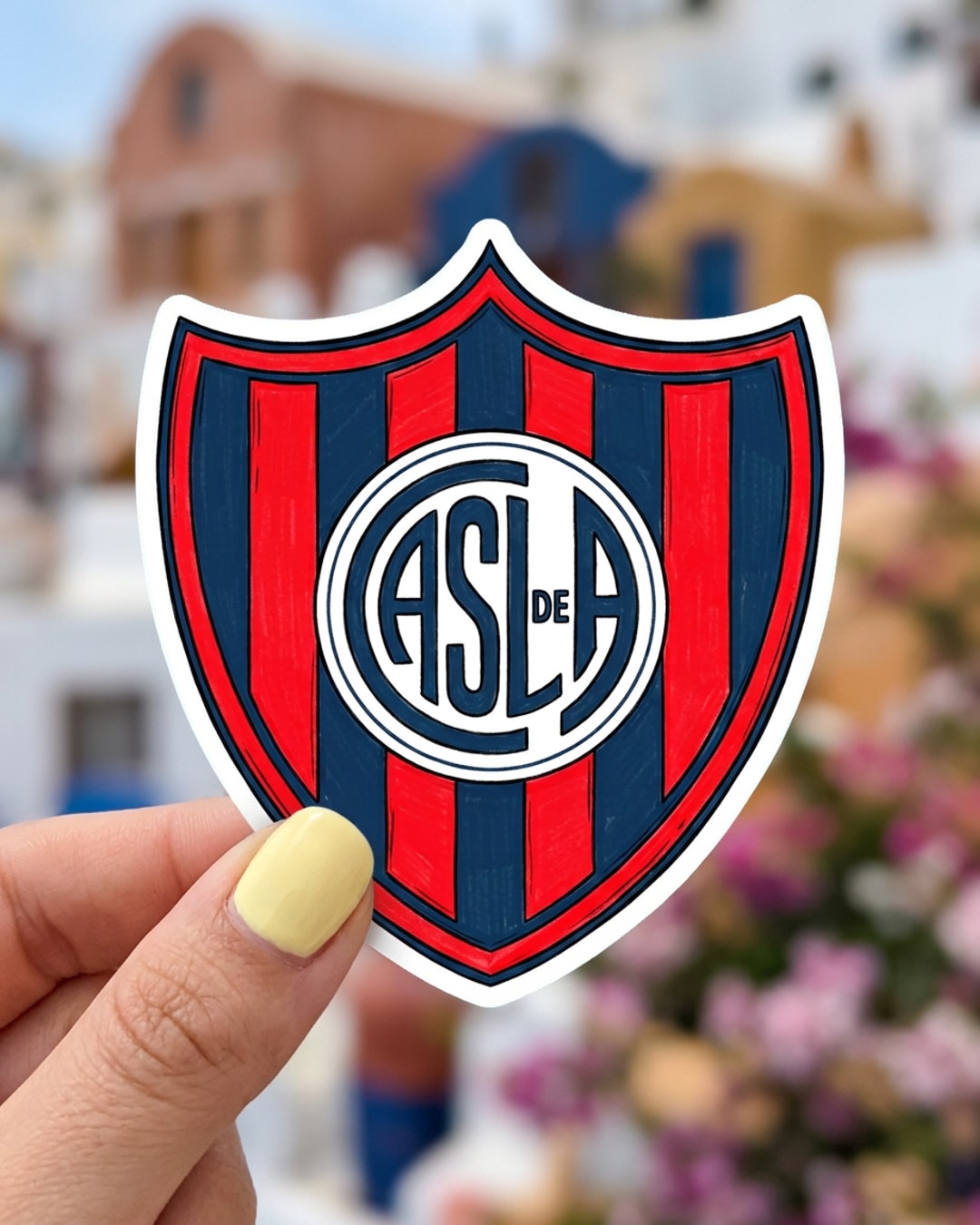 Pegatina Escudo de San Lorenzo CASLA sostenida en la mano, a tamaño real
