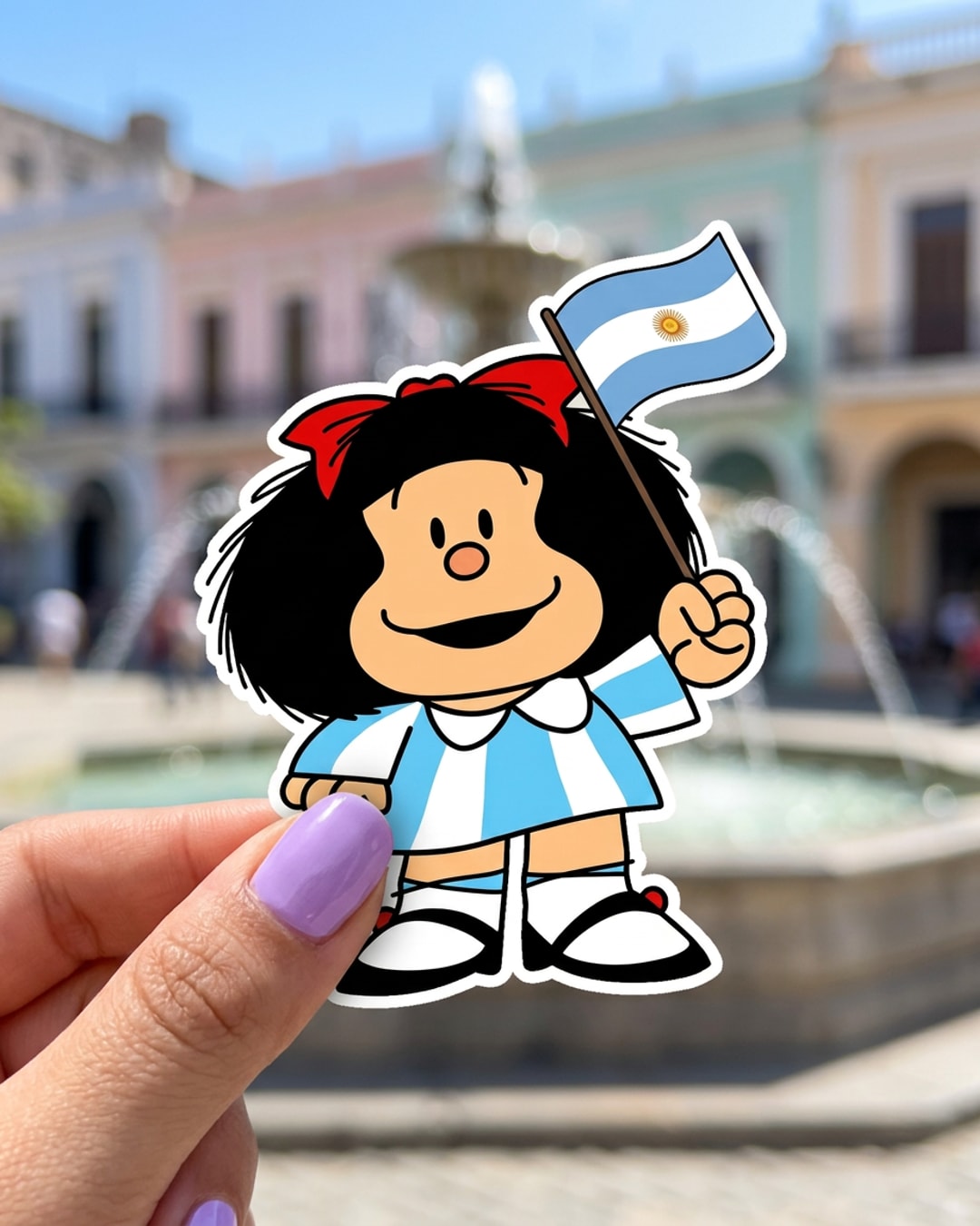 Pegatina Mafalda con bandera de Argentina sostenida en la mano, a tamaño real