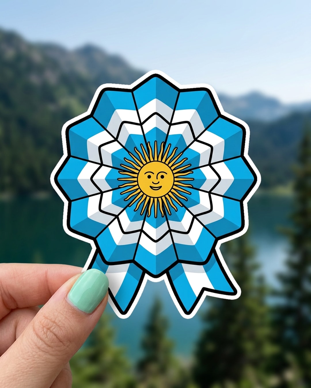 Pegatina Escarapela Argentina con Sol de Mayo sostenida en la mano, a tamaño real