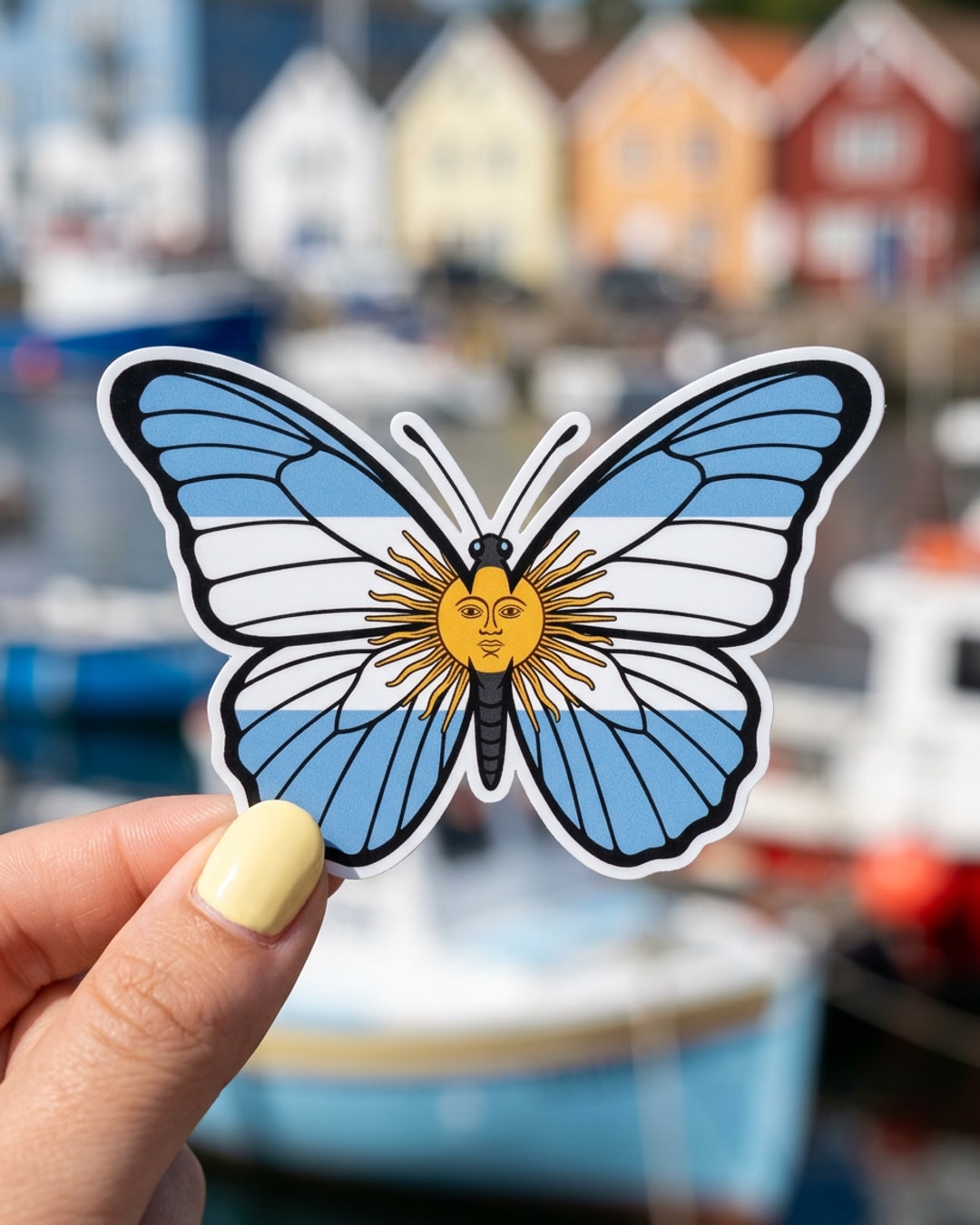 Pegatina Mariposa Bandera Argentina y Sol de Mayo sostenida en la mano, a tamaño real