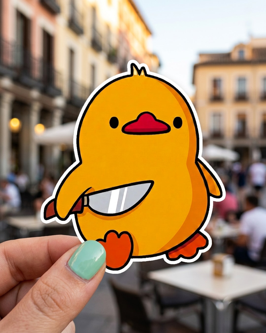 Pegatina Patito amarillo con cuchillo sostenida en la mano, a tamaño real