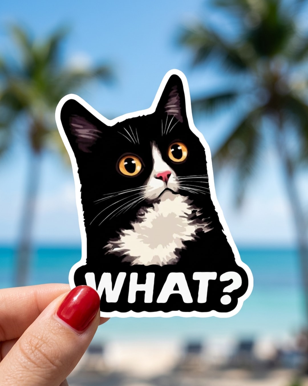 Pegatina Gato tuxedo sorprendido con texto What sostenida en la mano, a tamaño real