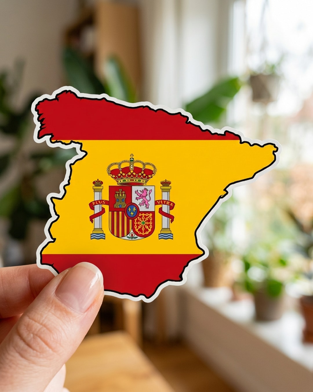 Pegatina Mapa de España con Bandera y Escudo sostenida en la mano, a tamaño real