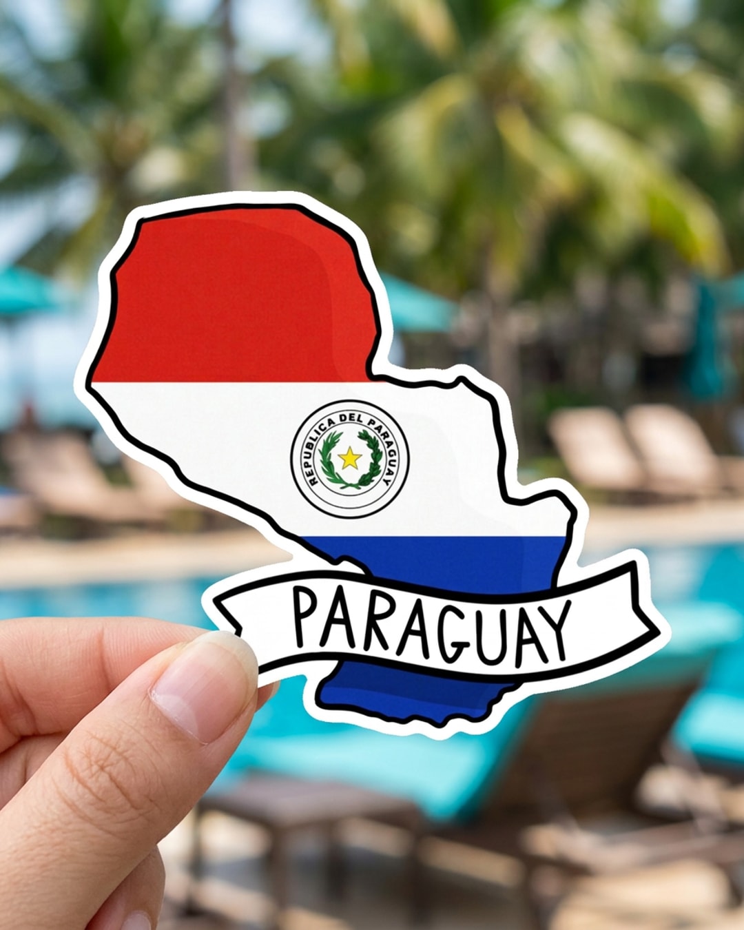 Pegatina Mapa de Paraguay con Bandera sostenida en la mano, a tamaño real
